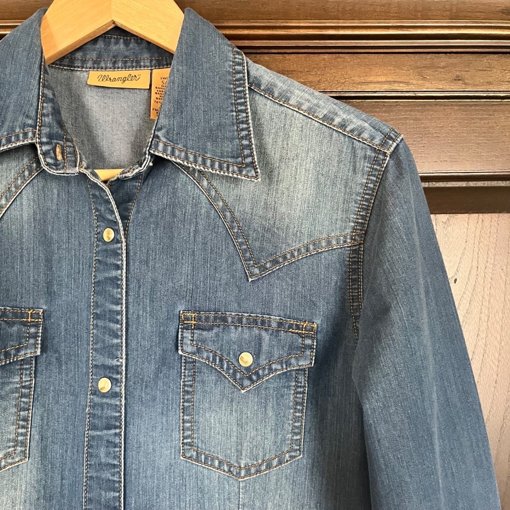 WRANGLER Denim Dress Womens S Pearl Snaps Western Cowgirl Rodeo Season No Belt - Picture 2 of 9